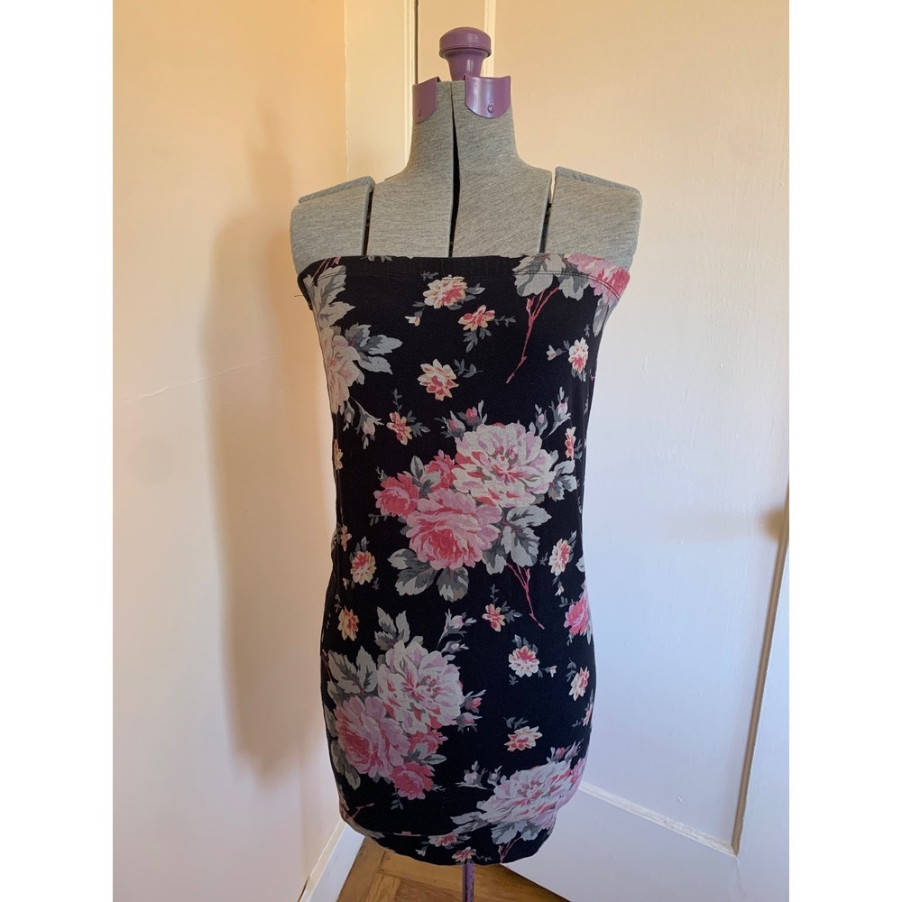Express Womens Floral Midi Skirt Black Pink Rose Cotton Blend Bodycon Size XS